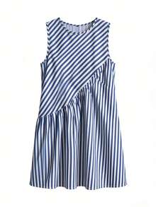 Swim Lushoire Women's Summer Beach Sleeveless Striped Print Asymmetrical Splice Vacation Dress - Blue - View 6