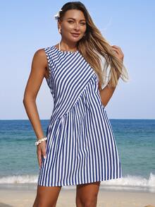 Swim Lushoire Women's Summer Beach Sleeveless Striped Print Asymmetrical Splice Vacation Dress - Blue - View 4