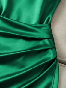 Calvaya Fashionable New Glossy Mock Neck Sleeveless Ruched Waist Asymmetric Bodycon Dress For Women - Green - View 5