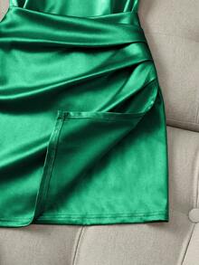 Calvaya Fashionable New Glossy Mock Neck Sleeveless Ruched Waist Asymmetric Bodycon Dress For Women - Green - View 6