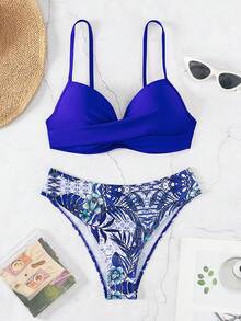 SHEIN Swim Tropical Print Push Up Bikini Set,Summer Beach - Royal Blue - View 8