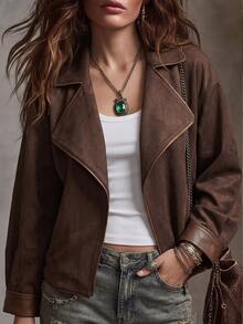 SHEIN Women's Fashion Elegant Casual Commuter Warm Suede Coat For Autumn And Winter Holiday Everyday Dark Brown - Brown - View 4
