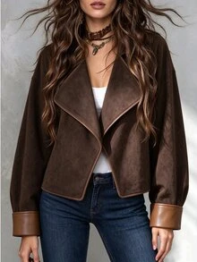 SHEIN Women's Fashion Elegant Casual Commuter Warm Suede Coat For Autumn And Winter Holiday Everyday Dark Brown - Brown - View 7