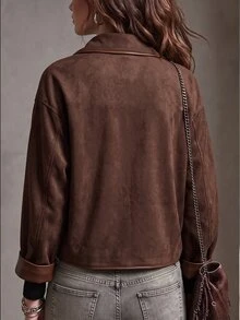 SHEIN Women's Fashion Elegant Casual Commuter Warm Suede Coat For Autumn And Winter Holiday Everyday Dark Brown - Brown - View 3