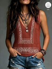 Calvaya Fashion V-Neck Embroidered Casual Boho Vacation Top Camisole Rust Brown Summer - Red - View 6