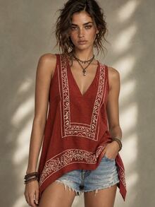 Calvaya Fashion V-Neck Embroidered Casual Boho Vacation Top Camisole Rust Brown Summer - Red - View 2