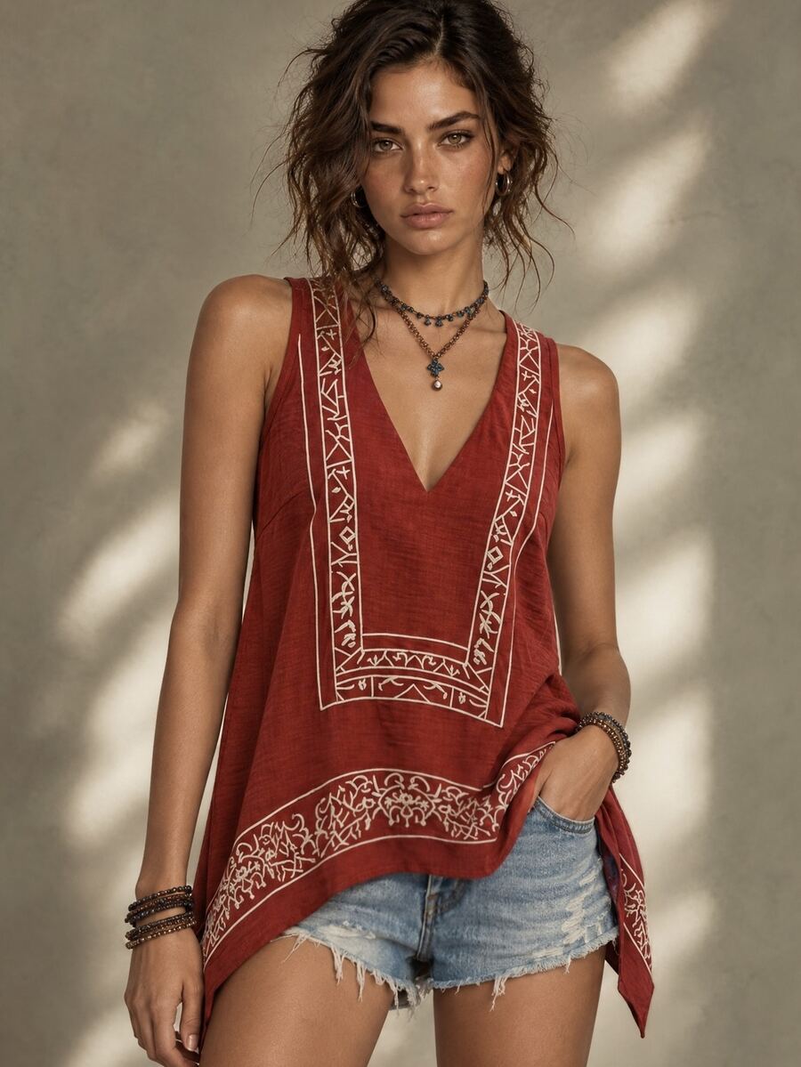 Calvaya Fashion V-Neck Embroidered Casual Boho Vacation Top Camisole Rust Brown Summer