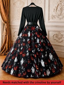 Rometta Plus Size Pumpkin Ghost Spider Web Floral Print Fabric Patchwork Black Soft Textured Knit Fabric Ruffle Wavy Burnout Collar V-Neck Long Sleeve Cinched Waist A-Line Long Dress Satin Waistband Bow Decor Minimalist Elegant Casual Date Party Dress - Multicolor - View 2
