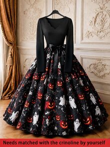Rometta Plus Size Pumpkin Ghost Spider Web Floral Print Fabric Patchwork Black Soft Textured Knit Fabric Ruffle Wavy Burnout Collar V-Neck Long Sleeve Cinched Waist A-Line Long Dress Satin Waistband Bow Decor Minimalist Elegant Casual Date Party Dress - Multicolor - View 3