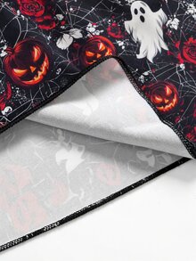Rometta Plus Size Pumpkin Ghost Spider Web Floral Print Fabric Patchwork Black Soft Textured Knit Fabric Ruffle Wavy Burnout Collar V-Neck Long Sleeve Cinched Waist A-Line Long Dress Satin Waistband Bow Decor Minimalist Elegant Casual Date Party Dress - Multicolor - View 6