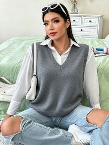 Flirla 大尺碼女款純色V領休閒百搭針織背心 冬季 - 灰色 - 查看 5