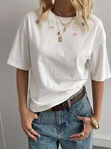 DAZY Autumn Winter New Loose Casual Round Neck Basic Women's Short Sleeve T-Shirt Graphic Tees - White - View 4
