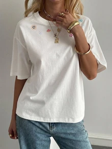 DAZY Autumn Winter New Loose Casual Round Neck Basic Women's Short Sleeve T-Shirt Graphic Tees - White - View 5