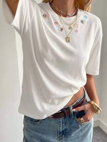 DAZY Autumn Winter New Loose Casual Round Neck Basic Women's Short Sleeve T-Shirt Graphic Tees - White - View 7