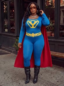 Slaydiva Plus Size Superhero Costume, Blue Long Sleeve Stretch Jumpsuit With Red Cape Cosplay Outfit Fall - Blue - View 4