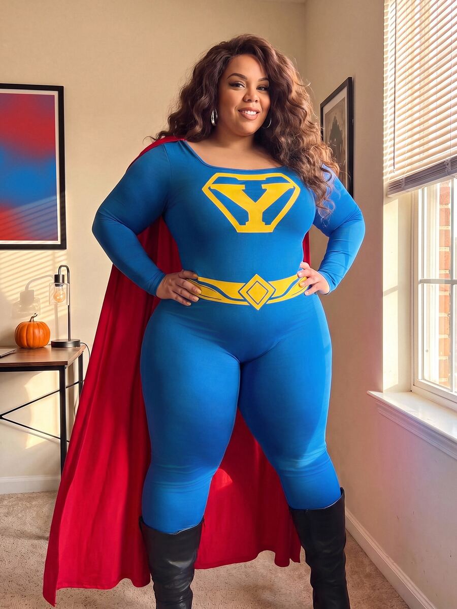 Slaydiva Plus Size Superhero Costume, Blue Long Sleeve Stretch Jumpsuit With Red Cape Cosplay Outfit Fall