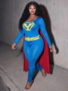 Slaydiva Plus Size Superhero Costume, Blue Long Sleeve Stretch Jumpsuit With Red Cape Cosplay Outfit Fall - Blue - View 10