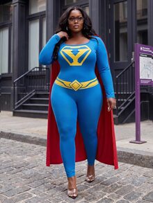 Slaydiva Plus Size Superhero Costume, Blue Long Sleeve Stretch Jumpsuit With Red Cape Cosplay Outfit Fall - Blue - View 6