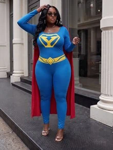 Slaydiva Plus Size Superhero Costume, Blue Long Sleeve Stretch Jumpsuit With Red Cape Cosplay Outfit Fall - Blue - View 7