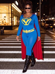 Slaydiva Plus Size Superhero Costume, Blue Long Sleeve Stretch Jumpsuit With Red Cape Cosplay Outfit Fall - Blue - View 9