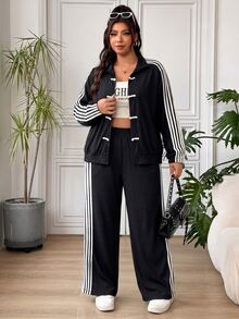 SHEIN EZwear 大尺碼女款青蛙鈕扣拉鍊門襟側條紋夾克與長褲休閒兩件套 秋季 - 黑與白 - 查看 5