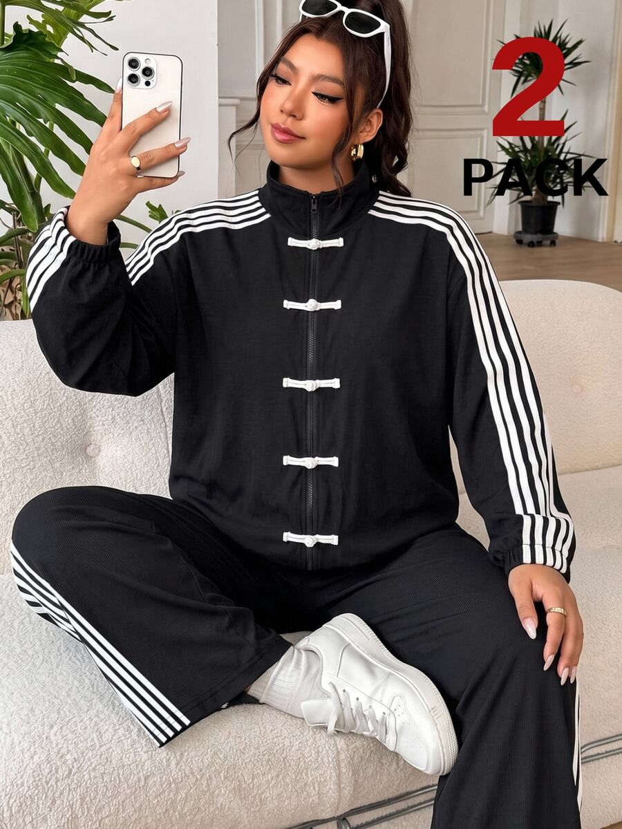 SHEIN EZwear 大尺碼女款青蛙鈕扣拉鍊門襟側條紋夾克與長褲休閒兩件套 秋季 - 黑與白 - 查看 1