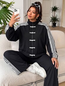 SHEIN EZwear 大尺碼女款青蛙鈕扣拉鍊門襟側條紋夾克與長褲休閒兩件套 秋季 - 黑與白 - 查看 8
