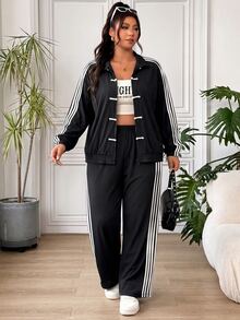 SHEIN EZwear 大尺碼女款青蛙鈕扣拉鍊門襟側條紋夾克與長褲休閒兩件套 秋季 - 黑與白 - 查看 6