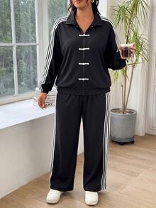 SHEIN EZwear 大尺碼女款青蛙鈕扣拉鍊門襟側條紋夾克與長褲休閒兩件套 秋季 - 黑與白 - 查看 4