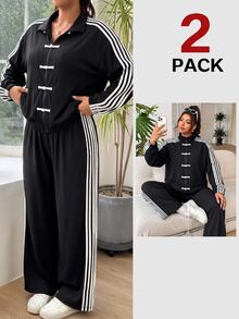 SHEIN EZwear 大尺碼女款青蛙鈕扣拉鍊門襟側條紋夾克與長褲休閒兩件套 秋季 - 黑與白 - 查看 7