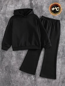 SHEIN 兒童青少年男孩 2件組運動休閒學院風舒適時尚極簡實用百搭柔軟大印花字母圖案連帽衛衣與鬆緊腰長褲套裝，適合日常穿著、戶外玩耍、運動、上學、街頭風，秋冬季 - 黑色 - 查看 3