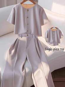 Calvaya Fashionable And Elegant Round Neck Short Sleeve Buttoned Blouse For Women - Grey - View 5