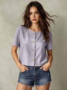 Calvaya Fashionable And Elegant Round Neck Short Sleeve Buttoned Blouse For Women - Grey - View 2