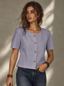 Calvaya Fashionable And Elegant Round Neck Short Sleeve Buttoned Blouse For Women - Grey - View 1