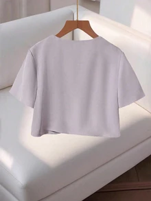 Calvaya Fashionable And Elegant Round Neck Short Sleeve Buttoned Blouse For Women - Grey - View 3