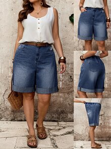 EMERY ROSE EMERY ROSE Plus Size Casual Loose Denim Shorts For Vacation - Dark Wash - View 2