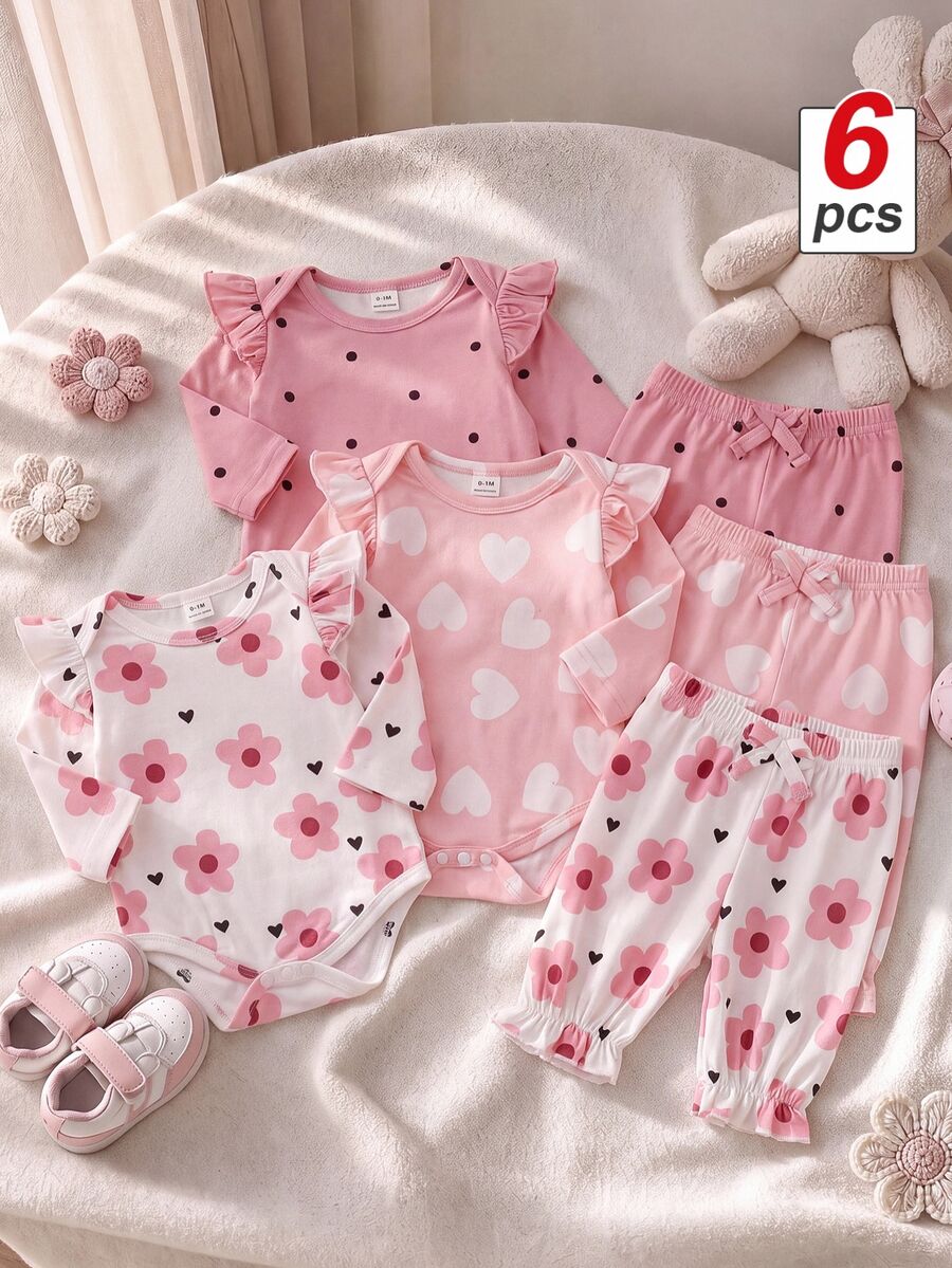 SHEIN Playful Pals 3件組女嬰春秋休閒甜美可愛連身衣,花朵、雲朵、愛心、經典復古圓點滿版印花,露肩3D剪裁荷葉袖,腰部固定裝飾蝴蝶結,下擺荷葉邊細節長袖連身衣 - 粉色 - 查看 1