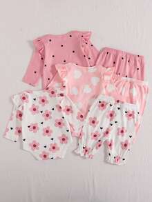 SHEIN Playful Pals 3件組女嬰春秋休閒甜美可愛連身衣，花朵、雲朵、愛心、經典復古圓點滿版印花，露肩3D剪裁荷葉袖，腰部固定裝飾蝴蝶結，下擺荷葉邊細節長袖連身衣 - 粉色 - 查看 2