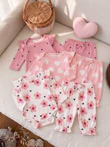 SHEIN Playful Pals 3件組女嬰春秋休閒甜美可愛連身衣，花朵、雲朵、愛心、經典復古圓點滿版印花，露肩3D剪裁荷葉袖，腰部固定裝飾蝴蝶結，下擺荷葉邊細節長袖連身衣 - 粉色 - 查看 4