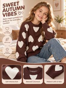 SHEIN Sparklyn Tween Girls Sweater, Pullover, Crew Neck, Long Sleeves, White Heart Pattern, Burgundy And White - Brown - View 4
