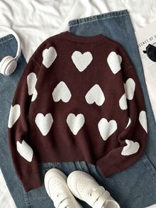 SHEIN Sparklyn Tween Girls Sweater, Pullover, Crew Neck, Long Sleeves, White Heart Pattern, Burgundy And White - Brown - View 2