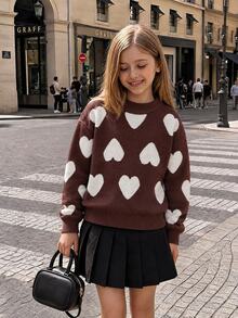 SHEIN Sparklyn Tween Girls Sweater, Pullover, Crew Neck, Long Sleeves, White Heart Pattern, Burgundy And White - Brown - View 5