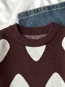 SHEIN Sparklyn Tween Girls Sweater, Pullover, Crew Neck, Long Sleeves, White Heart Pattern, Burgundy And White - Brown - View 3