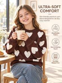 SHEIN Sparklyn Tween Girls Sweater, Pullover, Crew Neck, Long Sleeves, White Heart Pattern, Burgundy And White - Brown - View 8