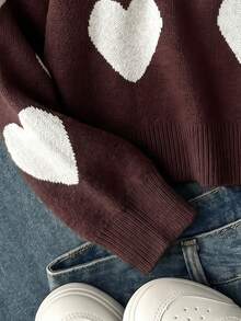 SHEIN Sparklyn Tween Girls Sweater, Pullover, Crew Neck, Long Sleeves, White Heart Pattern, Burgundy And White - Brown - View 7