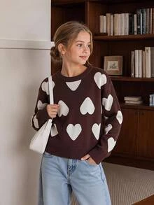 SHEIN Sparklyn Tween Girls Sweater, Pullover, Crew Neck, Long Sleeves, White Heart Pattern, Burgundy And White - Brown - View 1