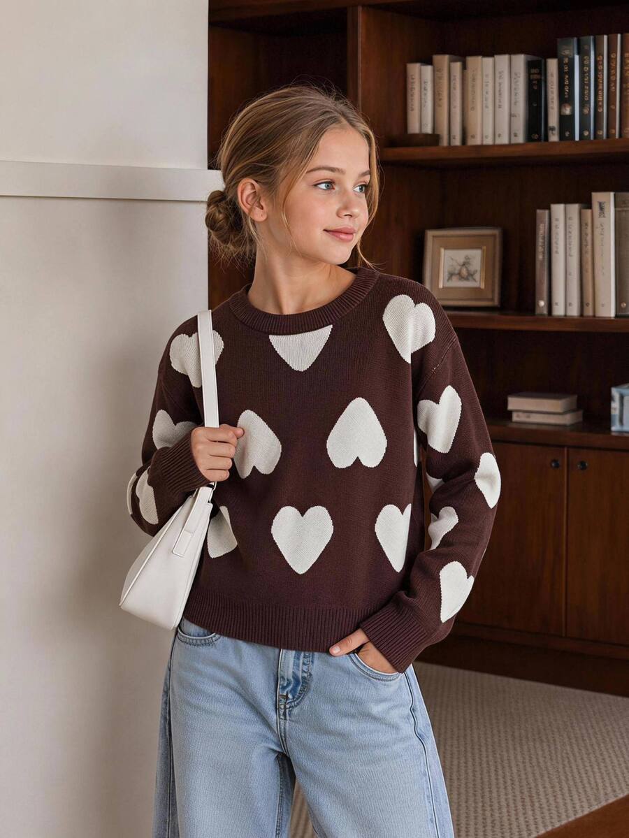 SHEIN Sparklyn Tween Girls Sweater, Pullover, Crew Neck, Long Sleeves, White Heart Pattern, Burgundy And White - Brown - View 1