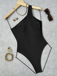 Bonvoyette Solid Color Hollow Out Asymmetric Metal Decor Swimsuit, One-Piece, Suitable For Beach Vacation - Black - View 2