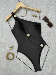 Bonvoyette Solid Color Hollow Out Asymmetric Metal Decor Swimsuit, One-Piece, Suitable For Beach Vacation - Black - View 7