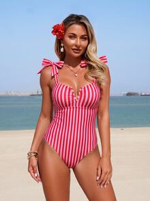 Swim Lushoire Women's One-Piece Striped Random Print Sexy Cutout V-Neck Summer Swimsuit - Red - View 1